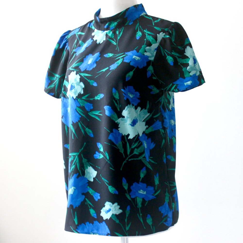 J. Crew Blue Black Floral Short-Sleeve Mock-Neck Whimsigoth Blouse Extra Small - Picture 3 of 10